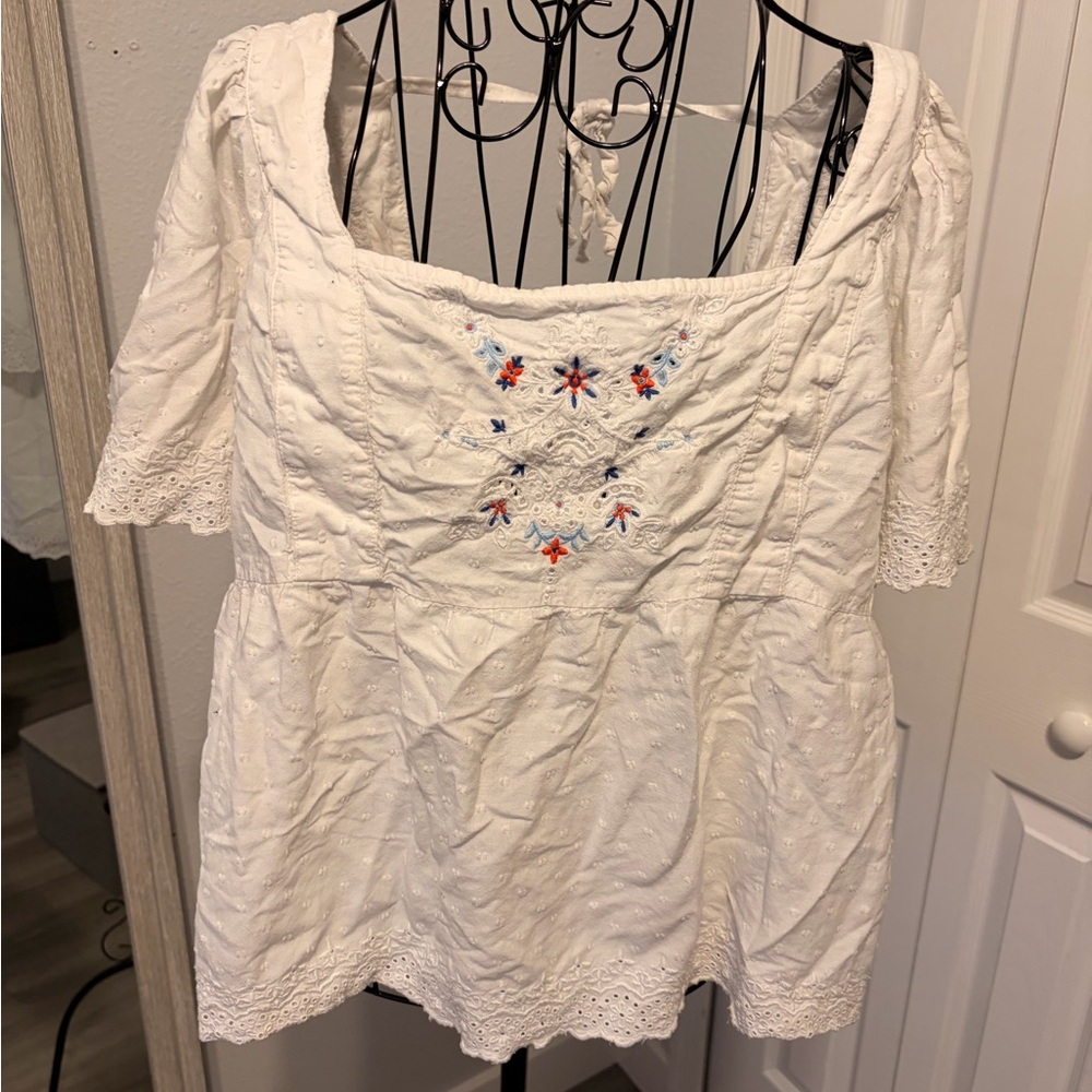 Old Navy White Blouse with Colorful Embroidery